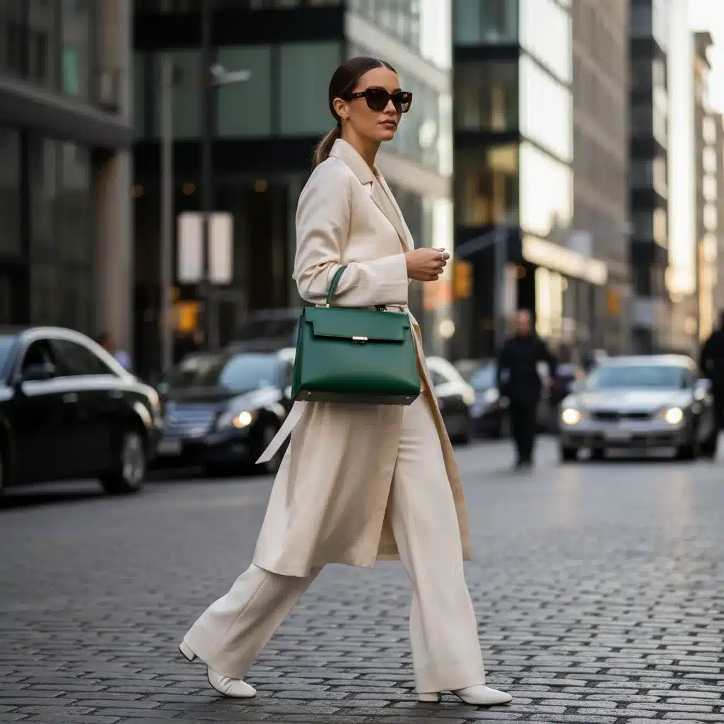 Woman carrying a vibrant emerald green structured handbag, exemplifying sculptural and functional bag trends for Spring 2026.