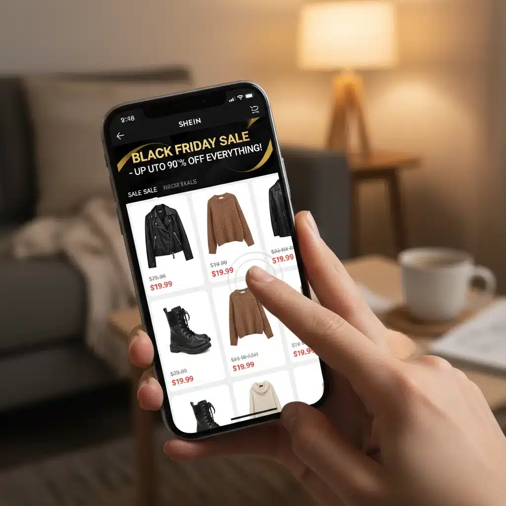 Shein app displaying Black Friday sales and discounted items