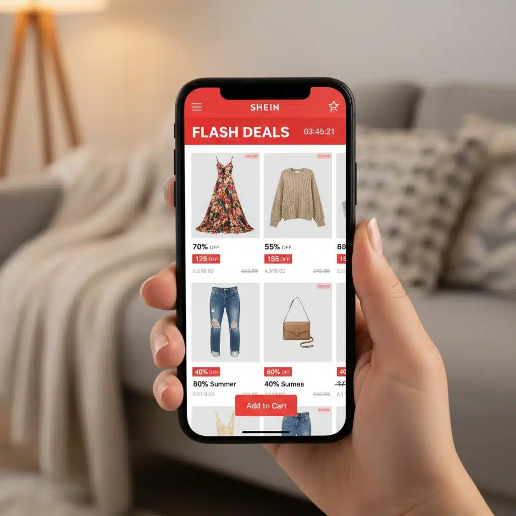 Person engaging with Shein app daily for flash deals and loyalty rewards.