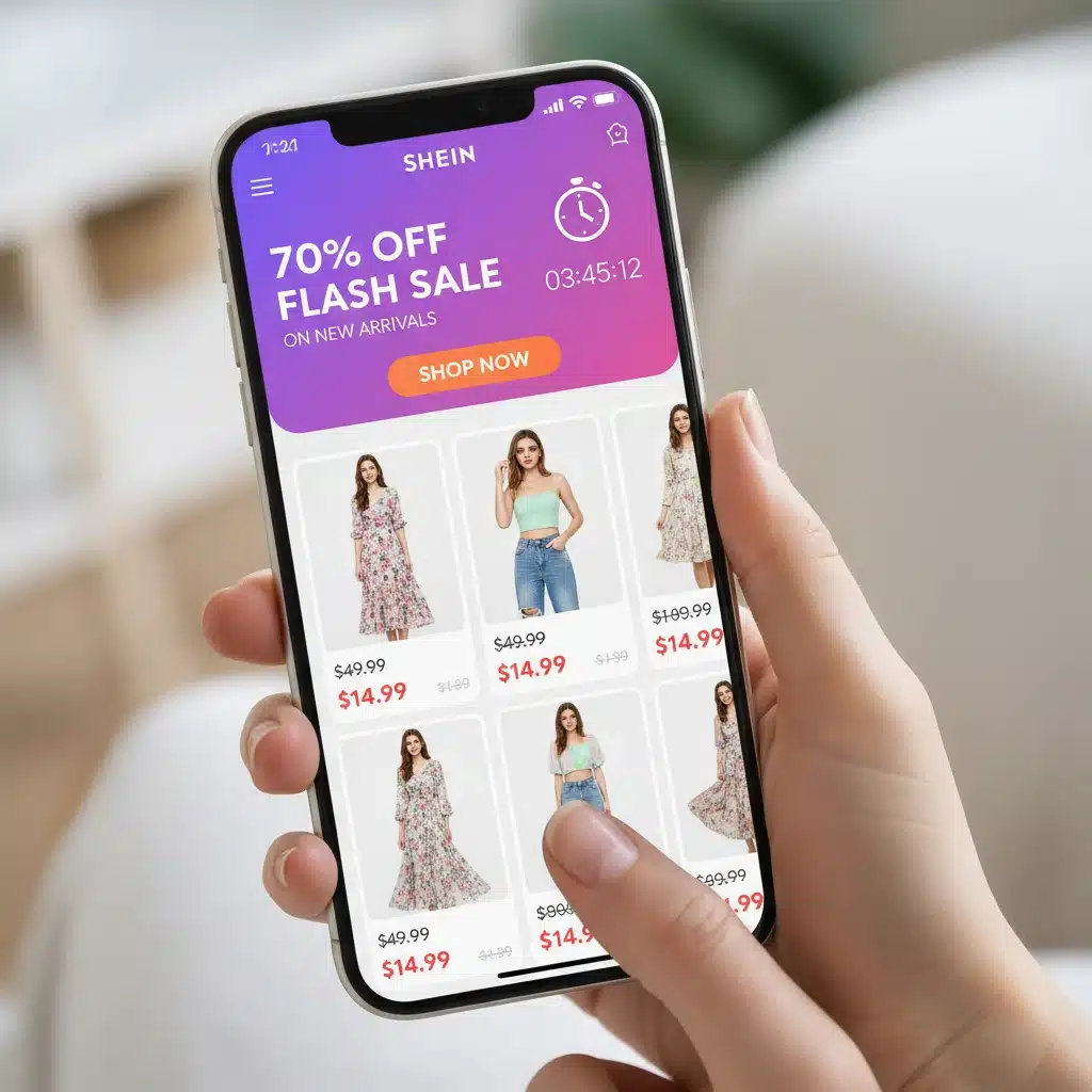 Smartphone displaying Shein app flash sale notification with 70% off and countdown