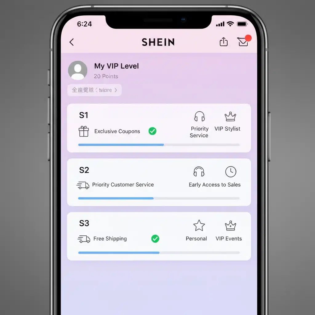 Shein App VIP Dashboard with Tier Levels and Benefits