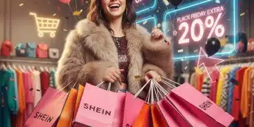 Excited shopper with Shein bags celebrating Black Friday deals