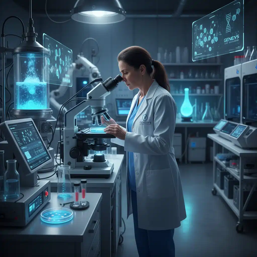Scientist in lab coat examining petri dish, representing skincare research.