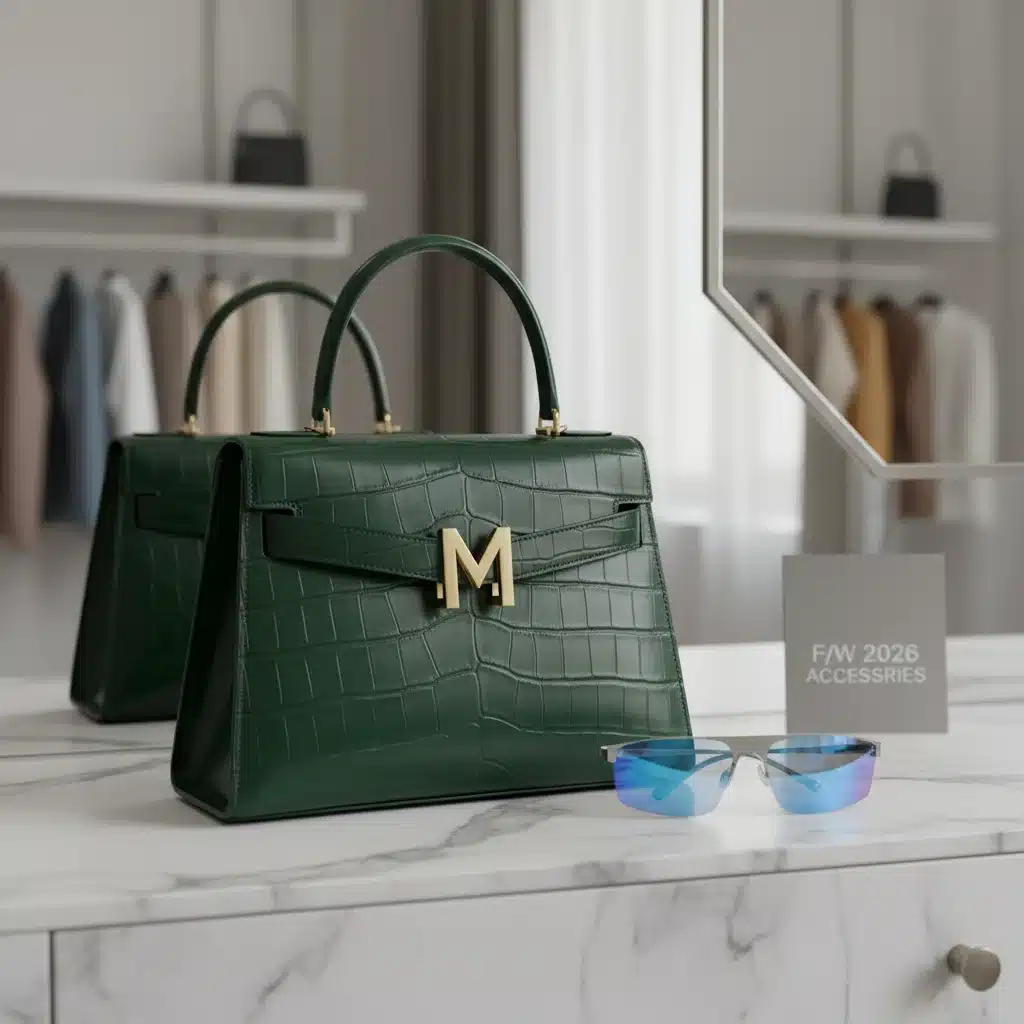 Structured handbag and futuristic sunglasses, 2026 accessories