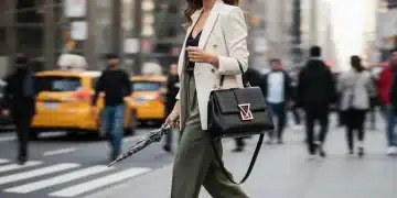 Stylish woman in tailored blazer and wide-leg trousers, embodying modern celebrity fashion on a city street.