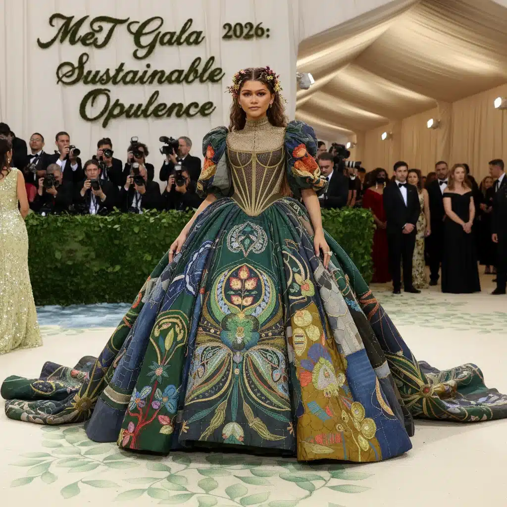 Celebrity in voluminous sustainable gown made from upcycled materials at 2026 Met Gala.