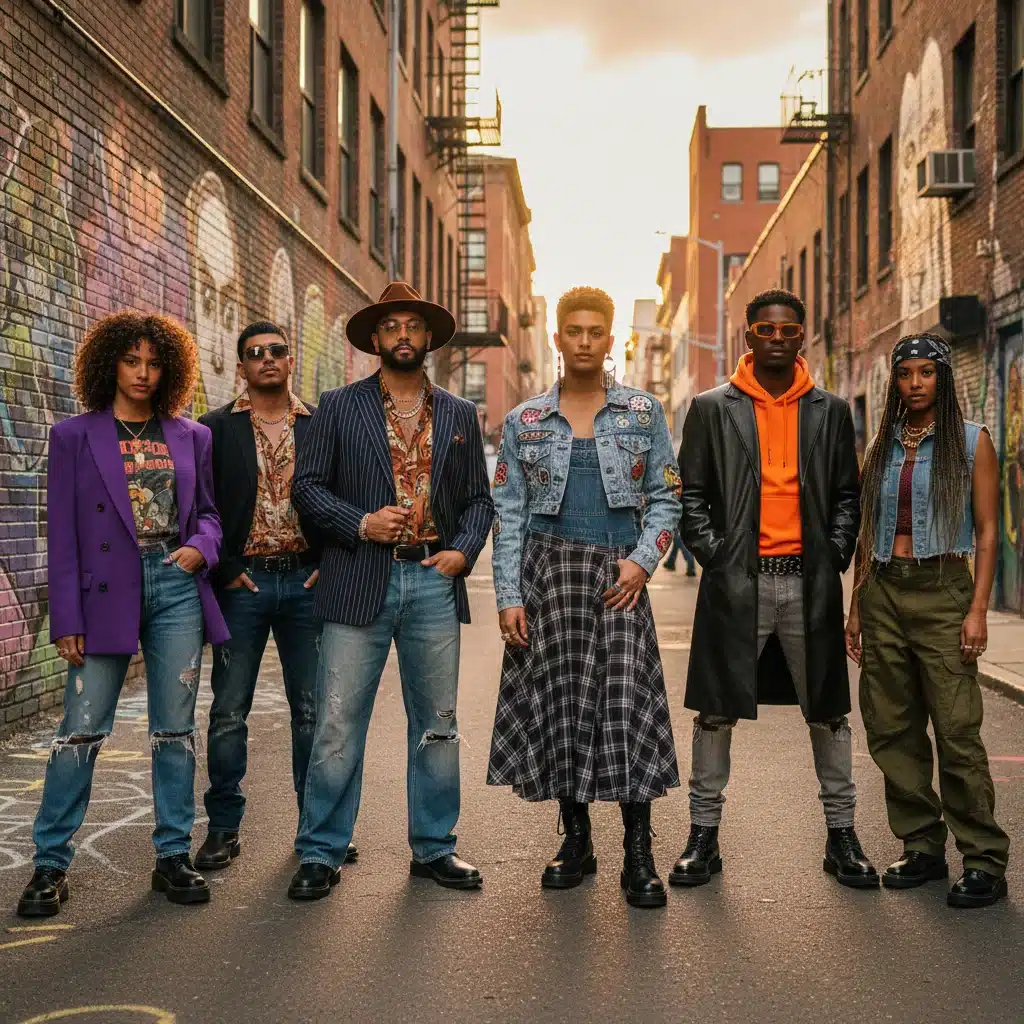 Diverse group of young adults displaying individual celebrity-inspired street style in an urban environment.