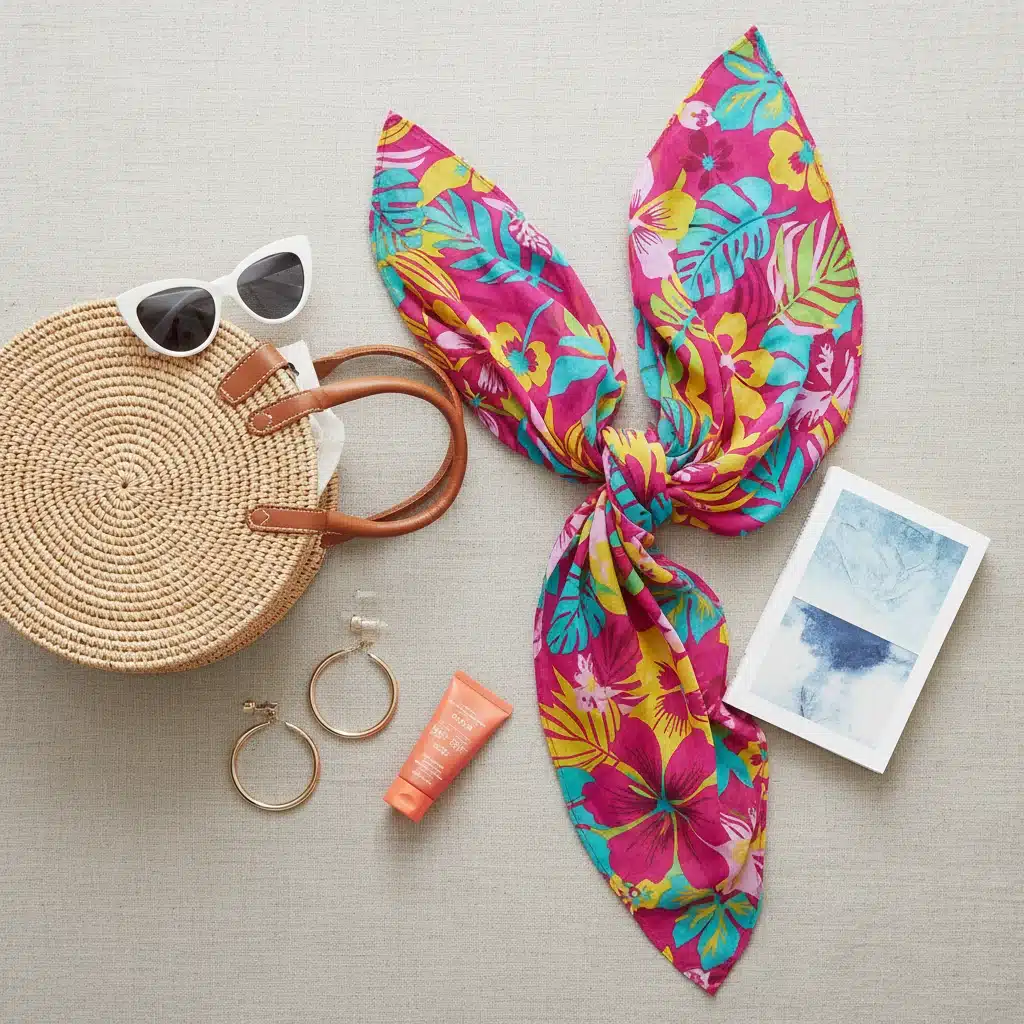 Flat lay of affordable vacation fashion accessories including sarong, straw bag, and sunglasses.
