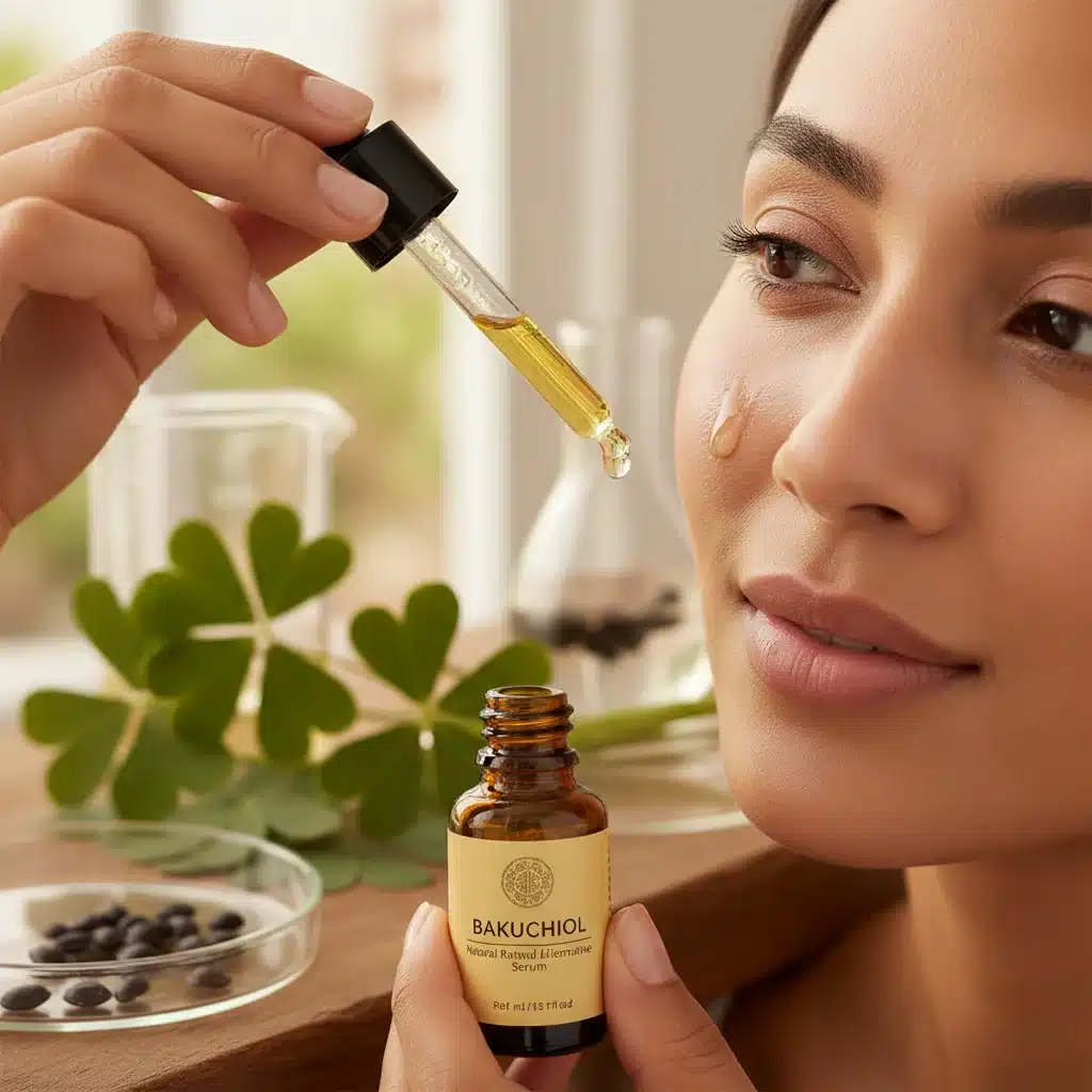 Hand applying bakuchiol serum to face, with Psoralea corylifolia plant in background