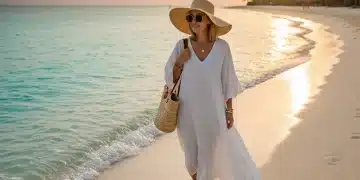Woman in white linen dress on beach, embodying celebrity vacation style for under $200.