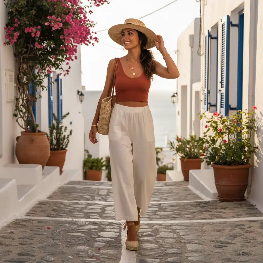 Woman in wide-leg linen pants and crop top, showcasing comfortable and chic travel fashion.