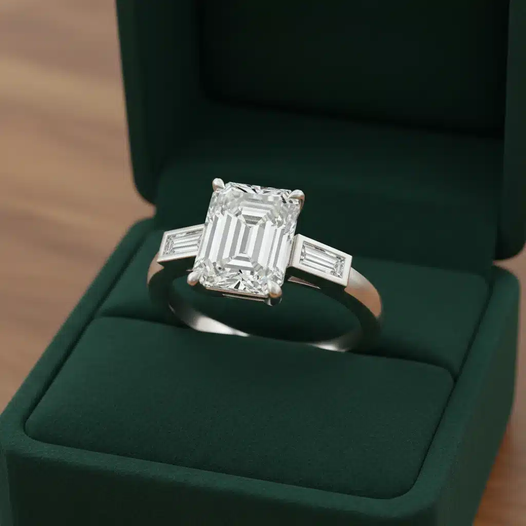 Elegant emerald-cut diamond engagement ring with baguette side stones