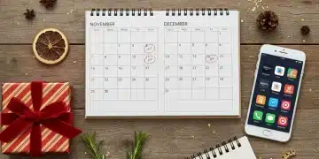 Holiday shopping planning calendar with gifts and smartphone