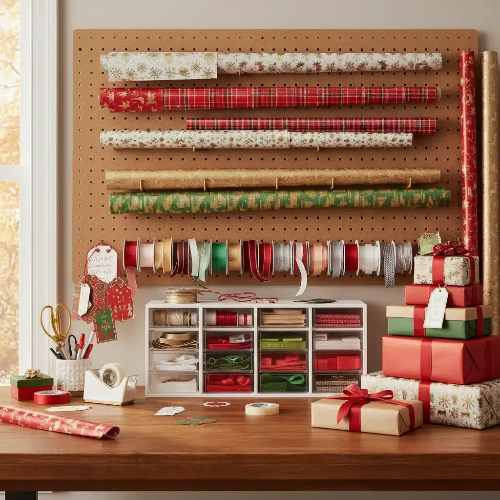 Organized holiday gift wrapping station with supplies
