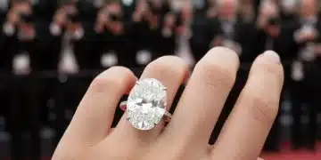 Stunning oval-cut diamond celebrity engagement ring on a red carpet