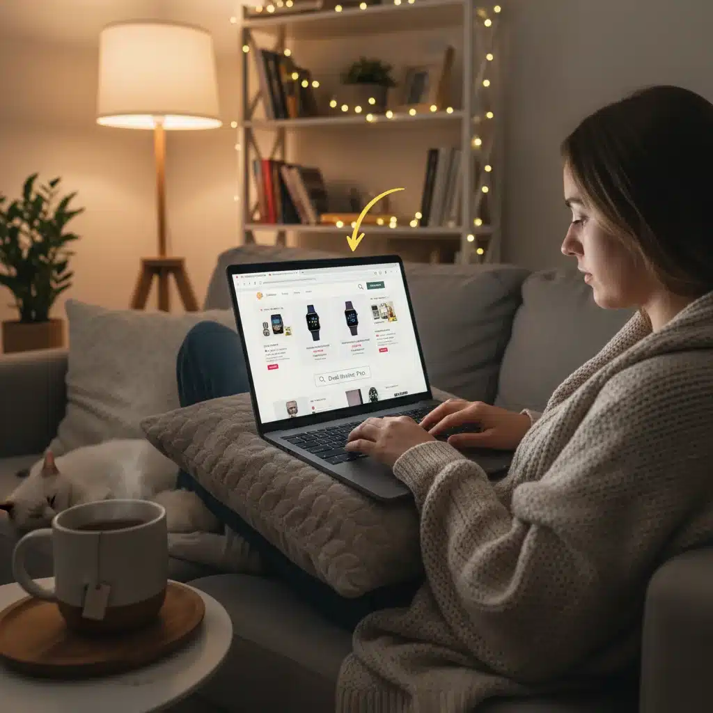 Person comparing prices on laptop for holiday deals