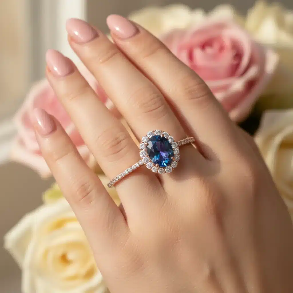 Unique sapphire and diamond halo engagement ring in rose gold