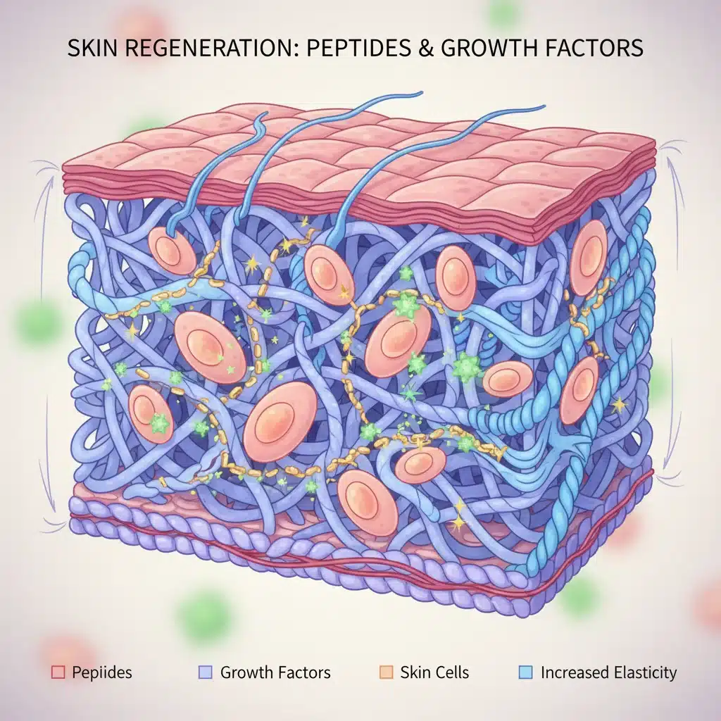 Microscopic view of skin cells, collagen, and elastin regenerating with peptides and growth factors