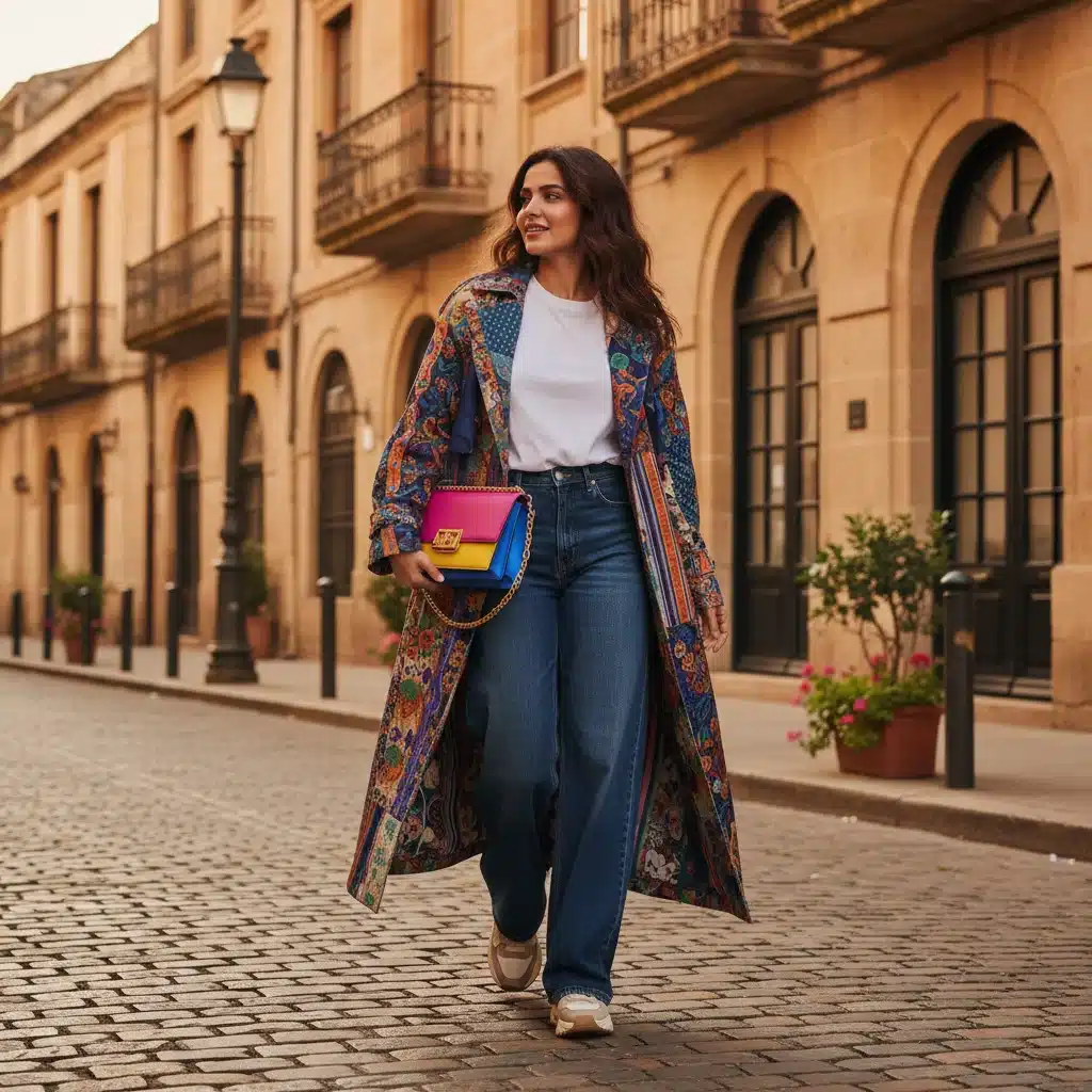 Anya Sharma in a vibrant patchwork trench coat, showcasing her eclectic 2026 street style on a European street.