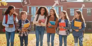 Students with backpacks heading to school, surrounded by back-to-school sale graphics.