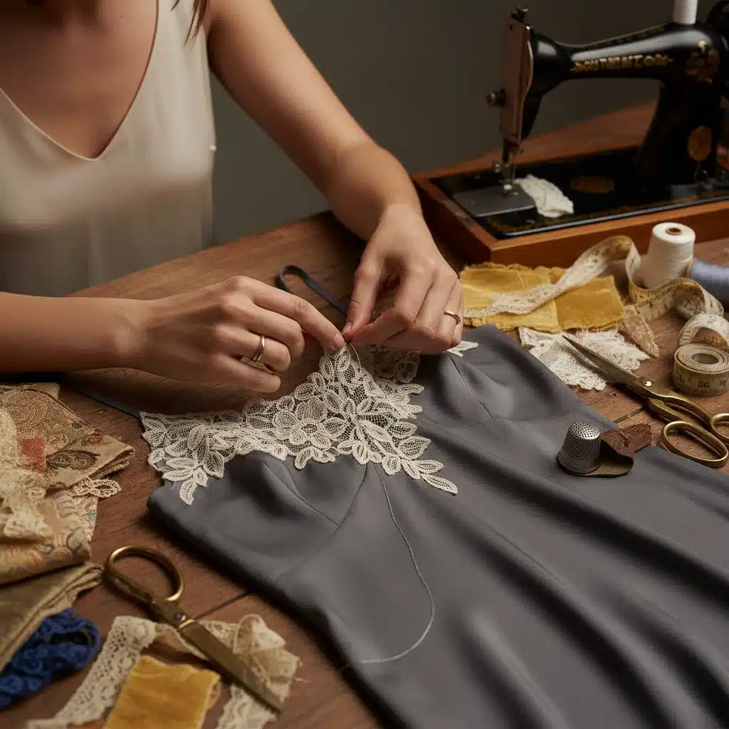 Designer's hands meticulously stitching antique lace onto a modern dress, symbolizing the fusion of vintage and contemporary design.