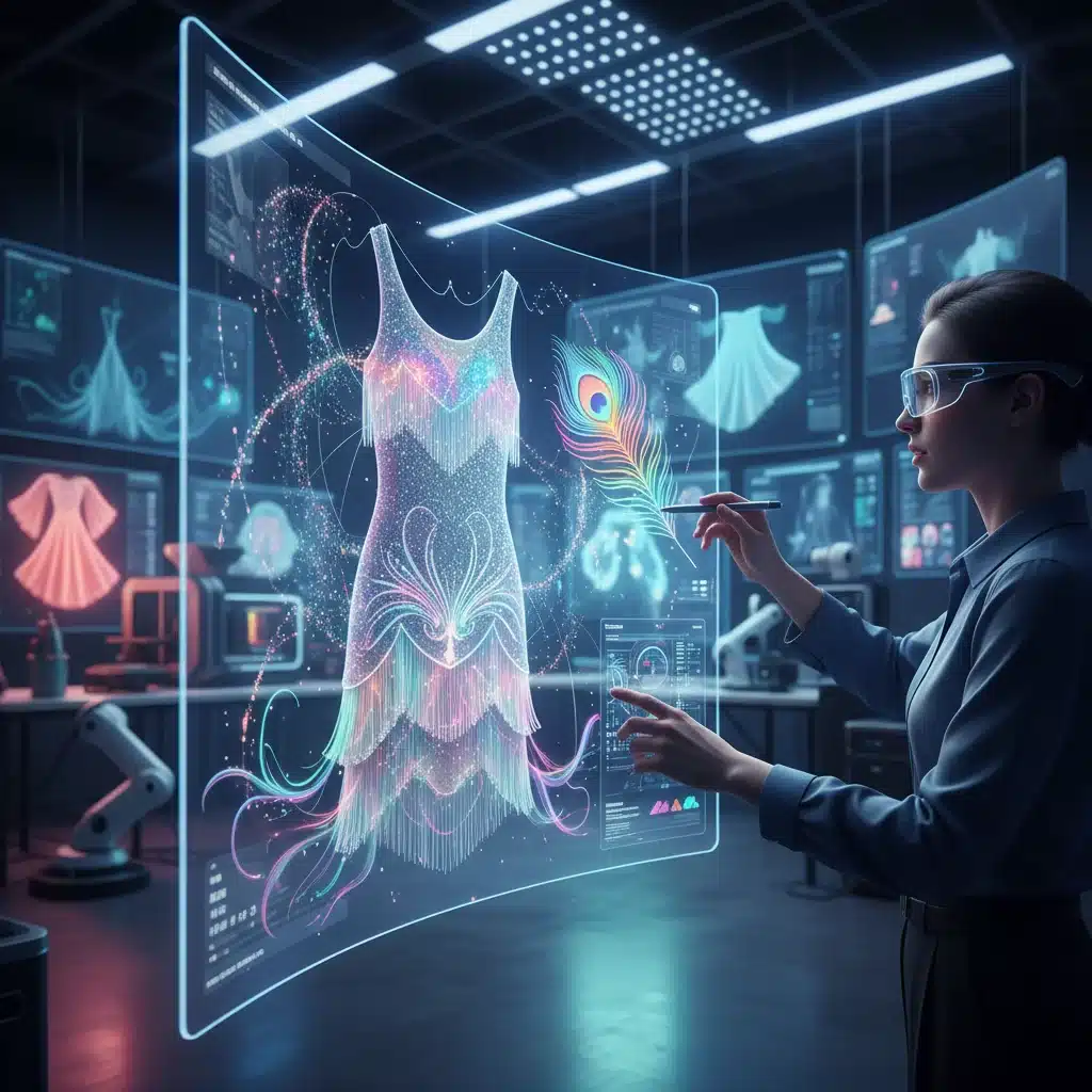 Digital fashion design showcasing augmented reality integration on a vintage silhouette, highlighting technological innovation in fashion.