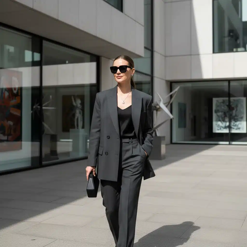 Lena Petrova exuding minimalist elegance in a charcoal gray pantsuit in an urban art district.