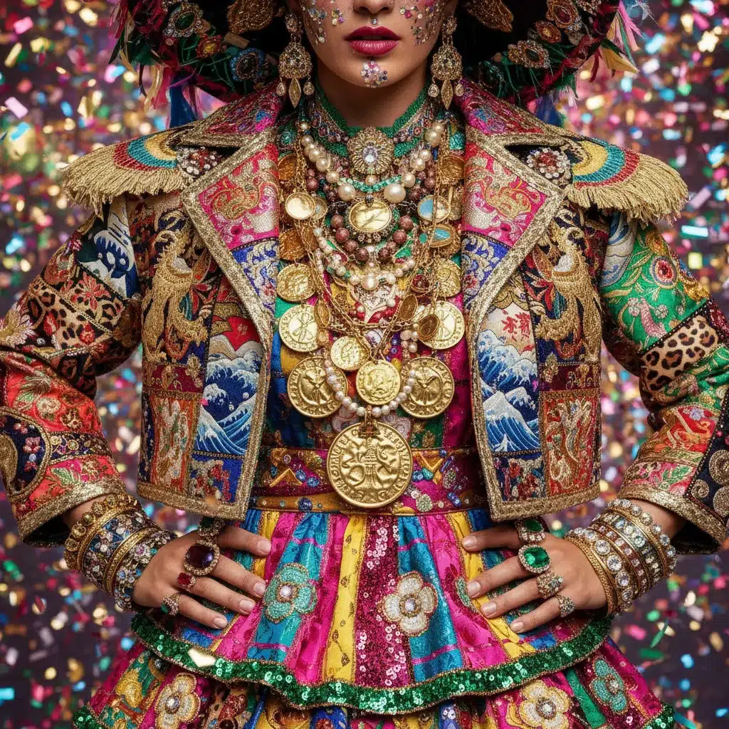 Detailed view of an ornate, multi-layered maximalist fashion ensemble.