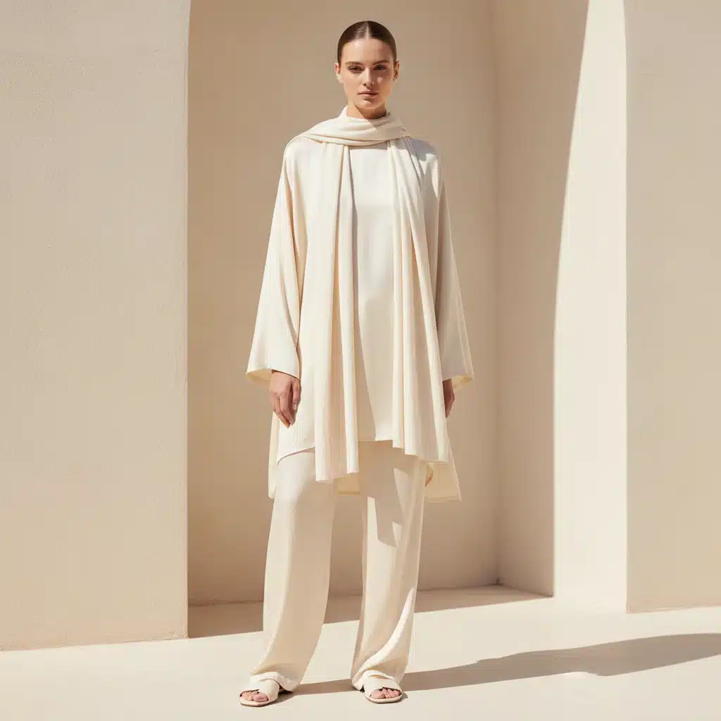 Elegant model wearing a sleek, monochrome minimalist outfit.