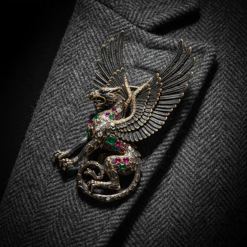 Intricately designed oversized brooch on a wool coat