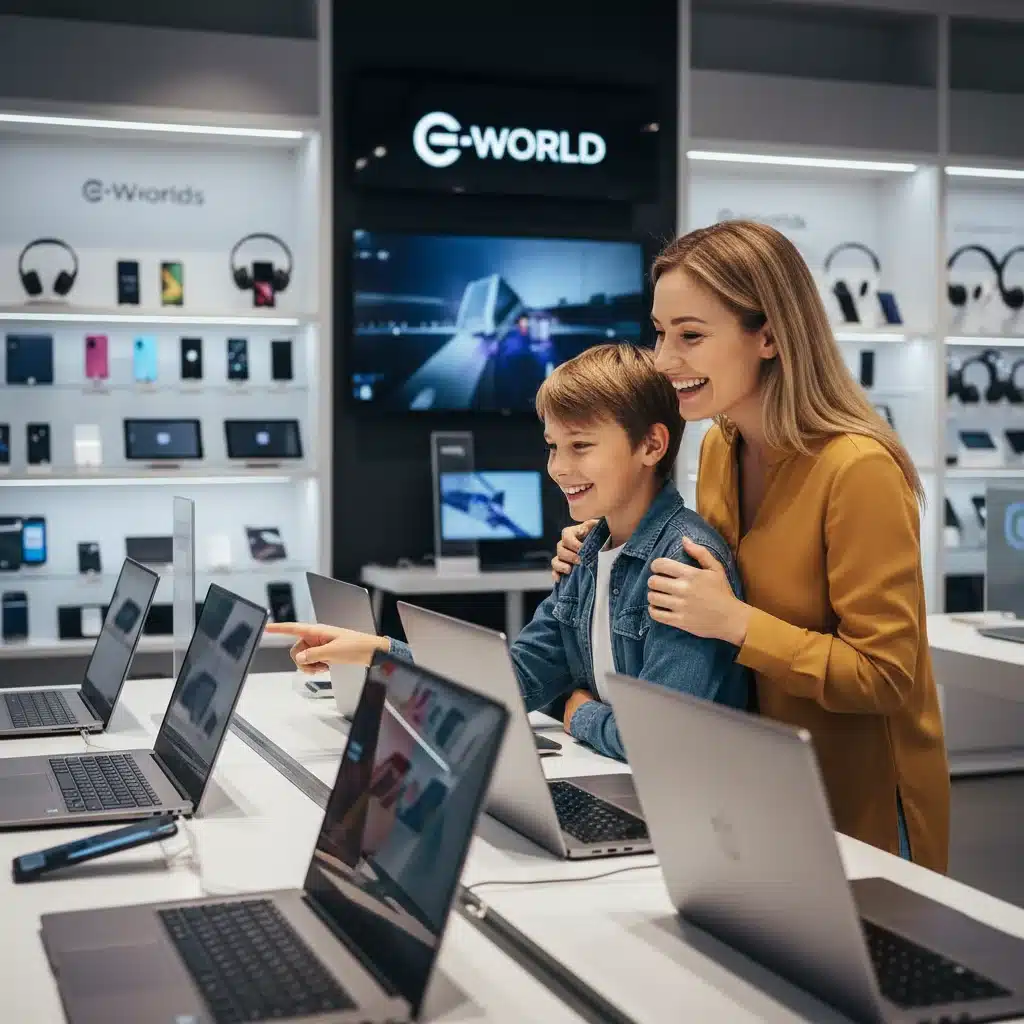 Parent and child shopping for a laptop in an electronics store.