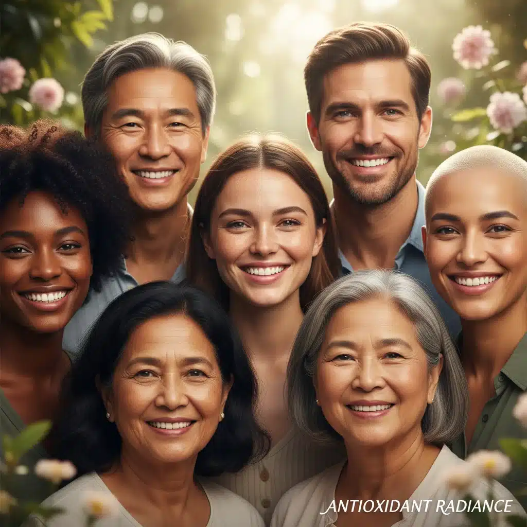 Diverse individuals with radiant skin showcasing benefits of antioxidant skincare