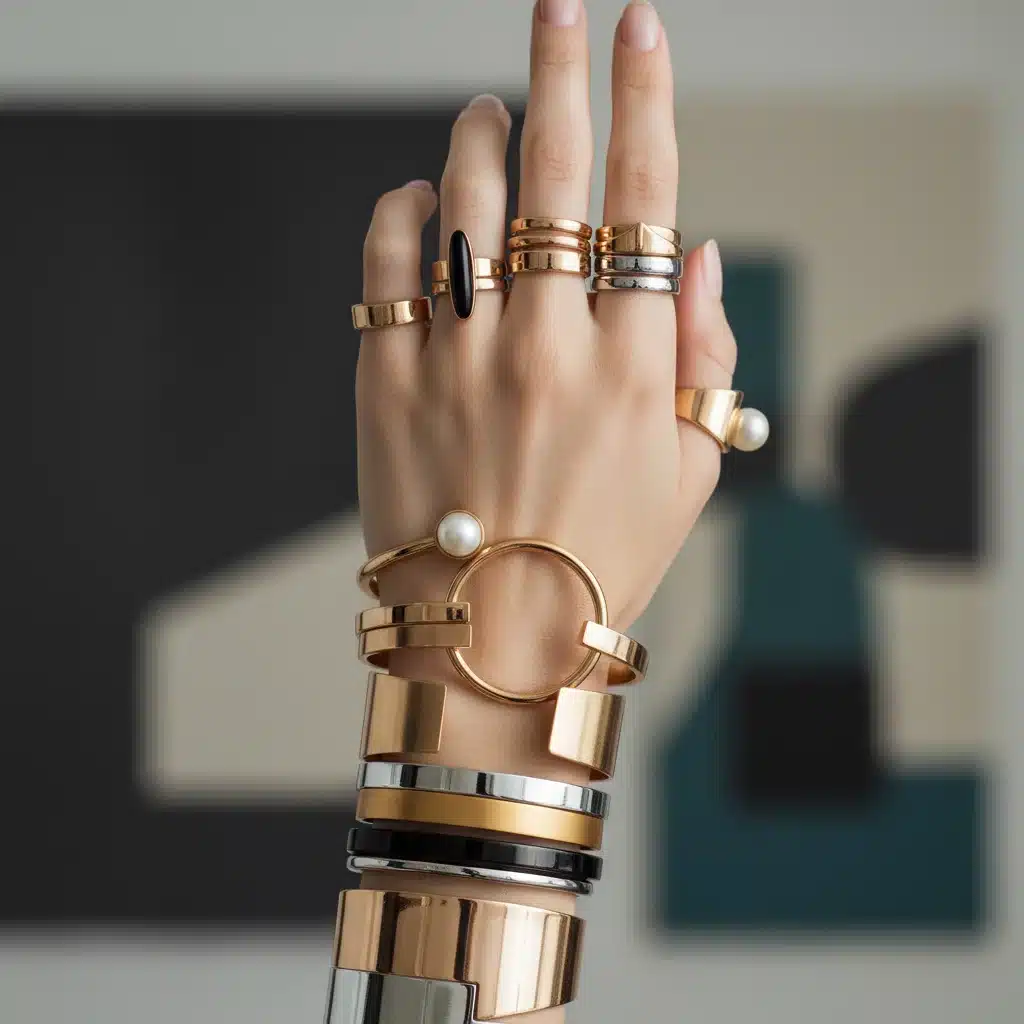 Sculptural stacked bracelets and rings