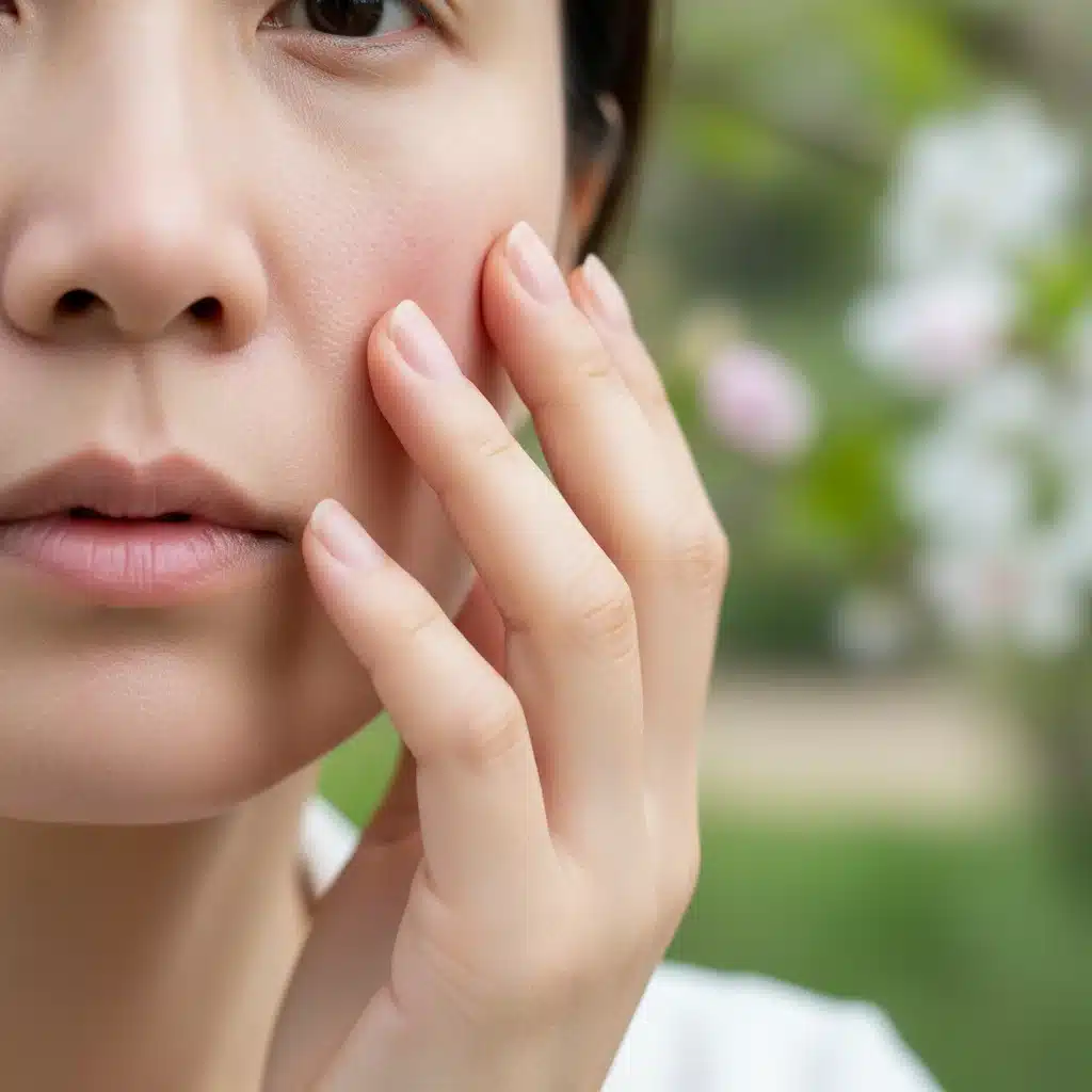 Hand touching a cheek with visible redness and flakiness, representing sensitive and dry spring skin.