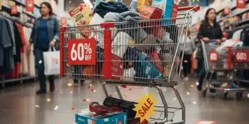 Shopping cart filled with discounted items, 60% off tags prominent, representing end-of-season sales.