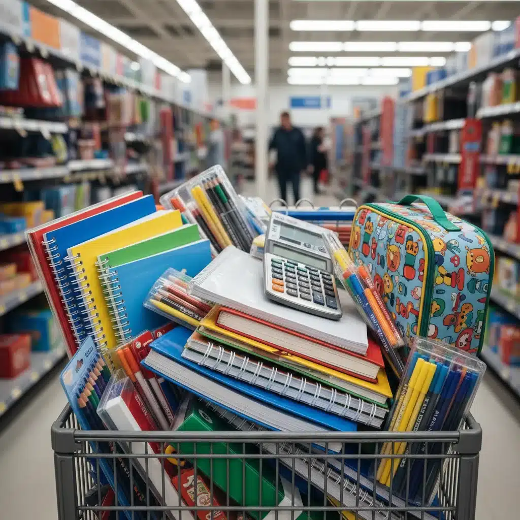 Shopping cart filled with diverse and colorful school supplies.