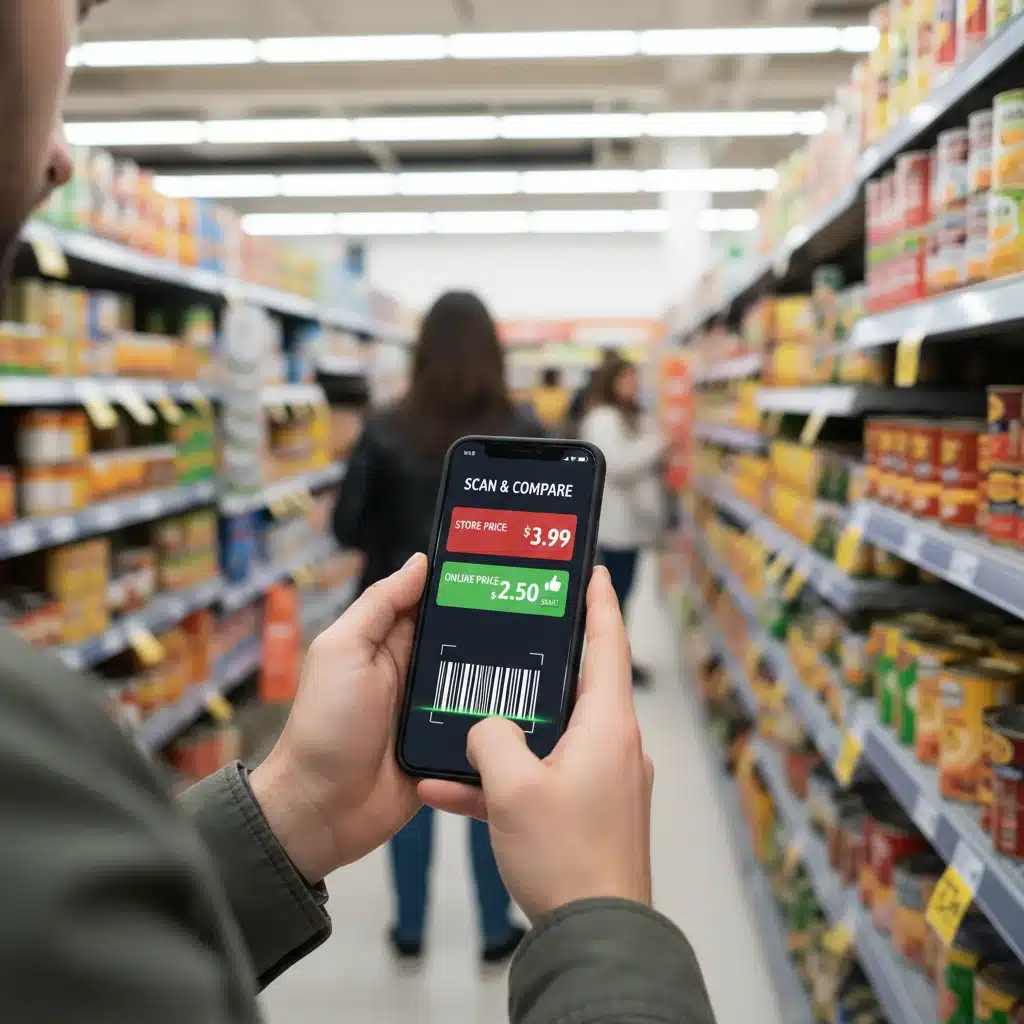 Person using a smartphone to compare prices and research products during a sale, highlighting smart shopping strategies.