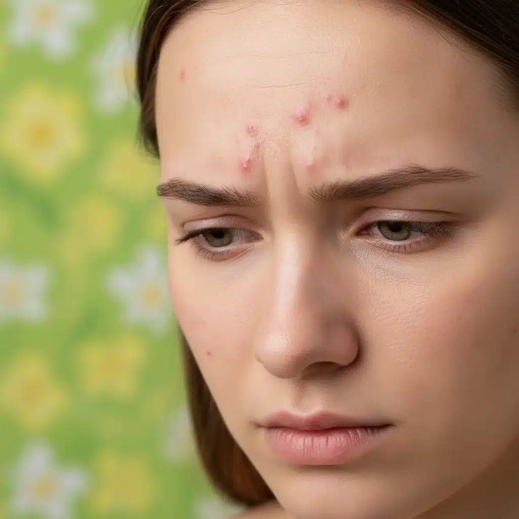 Close-up of a person experiencing spring breakouts on their forehead, highlighting a common skin issue.
