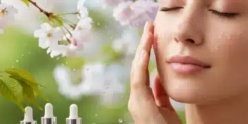 Woman applying serum to her face in a fresh spring setting, symbolizing a spring skincare shift and renewal.