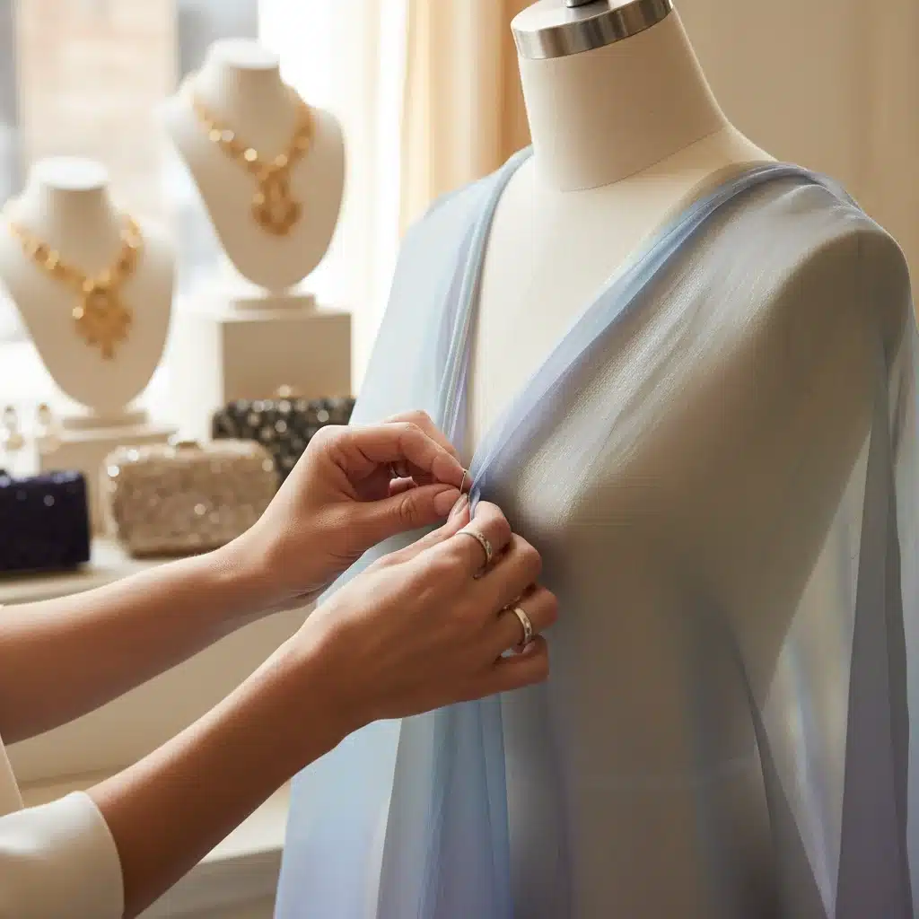 Stylist's hands carefully adjusting a luxurious gown on a mannequin, showcasing attention to detail.