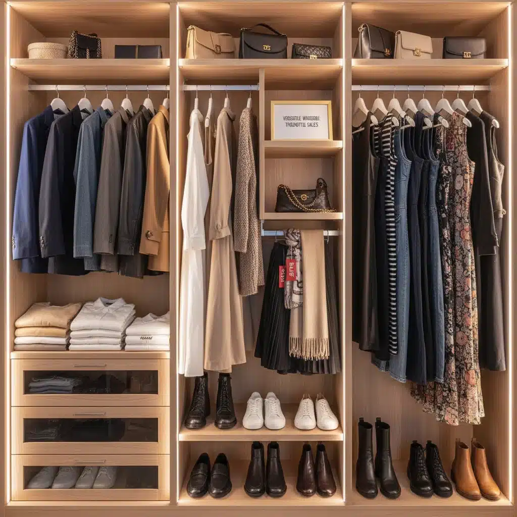 Organized closet with versatile and high-quality clothing items, demonstrating smart wardrobe building through sale shopping.