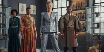 Models showcasing innovative vintage-inspired fashion by 2026 US designers, blending historical silhouettes with modern sustainable materials and digital prints.