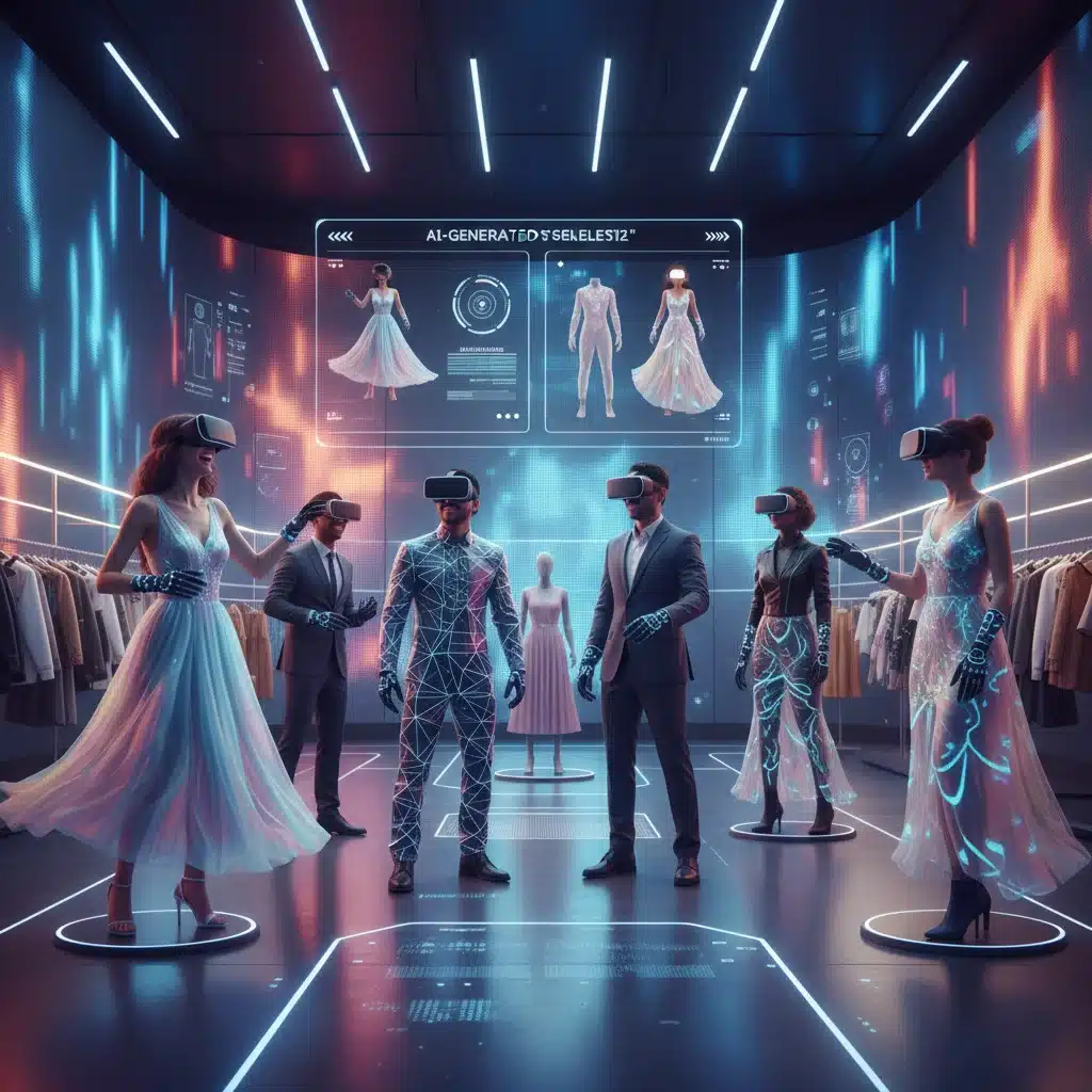 Consumers using VR for personalized AI fashion try-ons in a virtual showroom.
